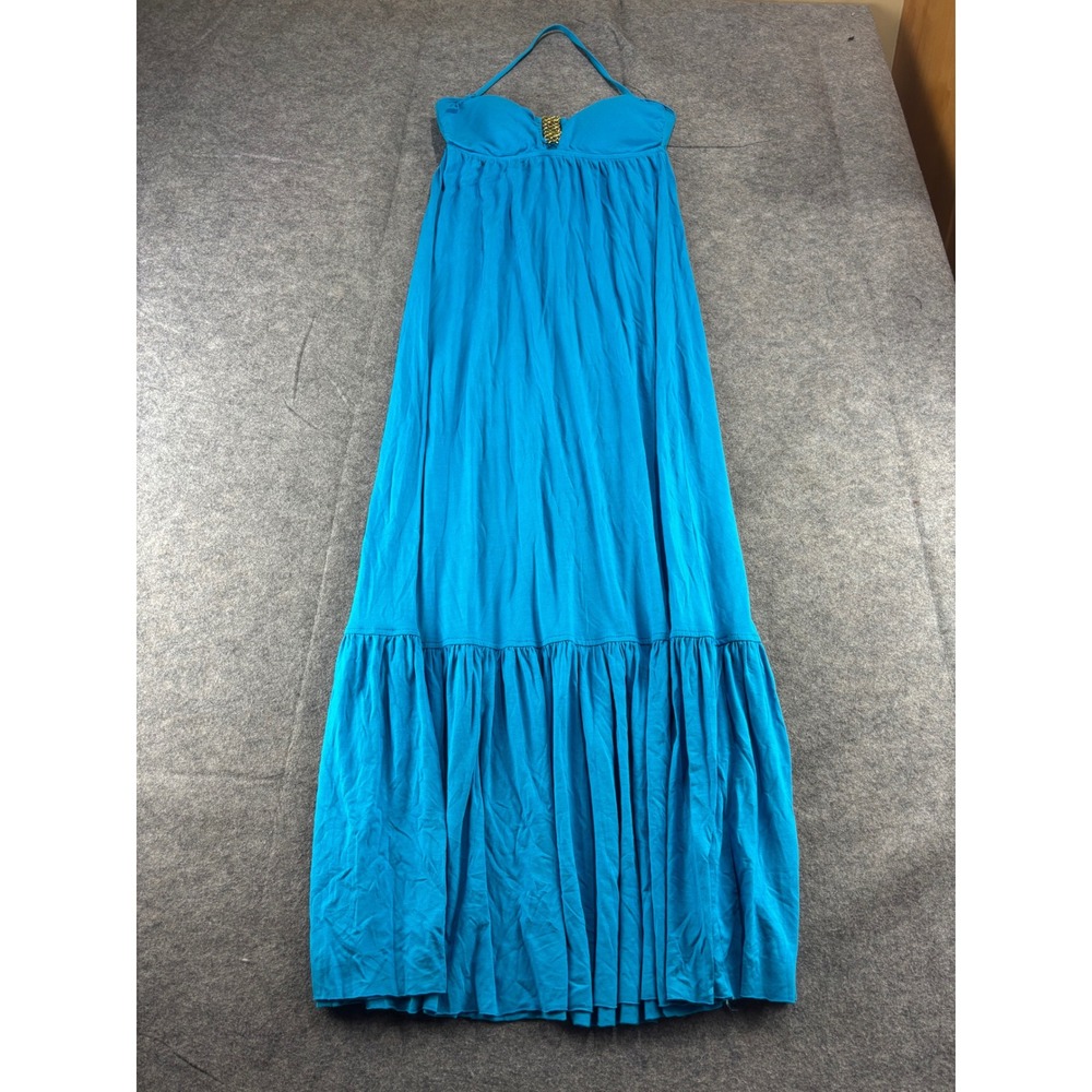 Trina Turk Blue‎ Micromodal Halter Maxi Dress Gold Womens S Tropical Resort Y2K